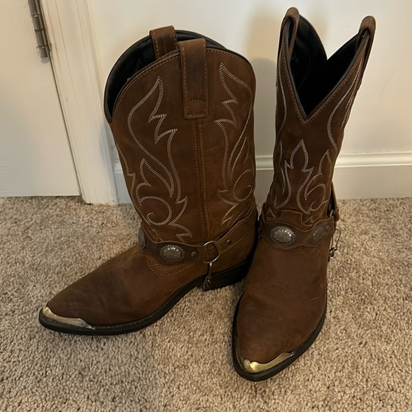 Masterson J Toe Harness Leather Heart Distressed Western Cowboy Boot Brown - Picture 1 of 7